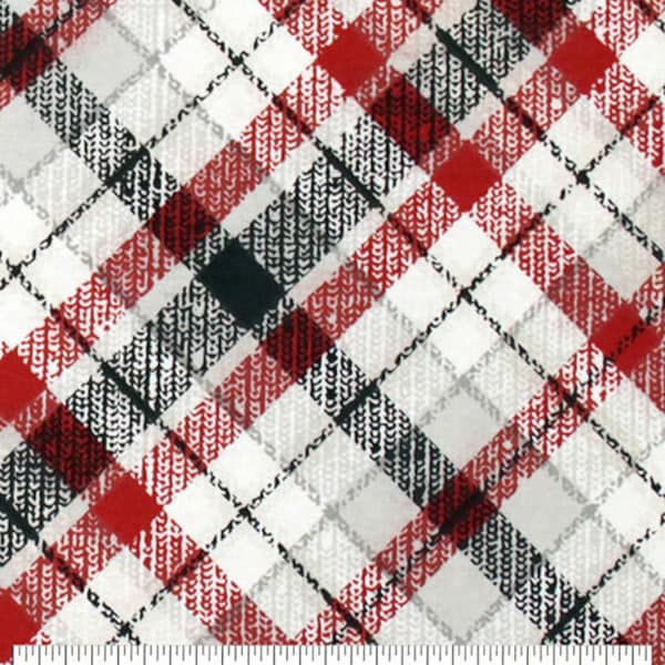 Gray and Red Bias Plaid, FLANNEL fabric by the yard