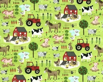 Farm Animals on Green, FLANNEL fabric by the yard