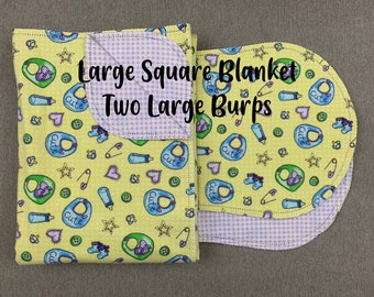 Baby shower hemstitched pre-washed flannel baby blanket, flannel receiving blanket & 2 burp cloths, baby girl or boy, ready to crochet