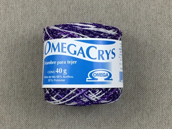 Purple and white variegated OmegaCrys baby weight yarn, 1.4 ounce ball