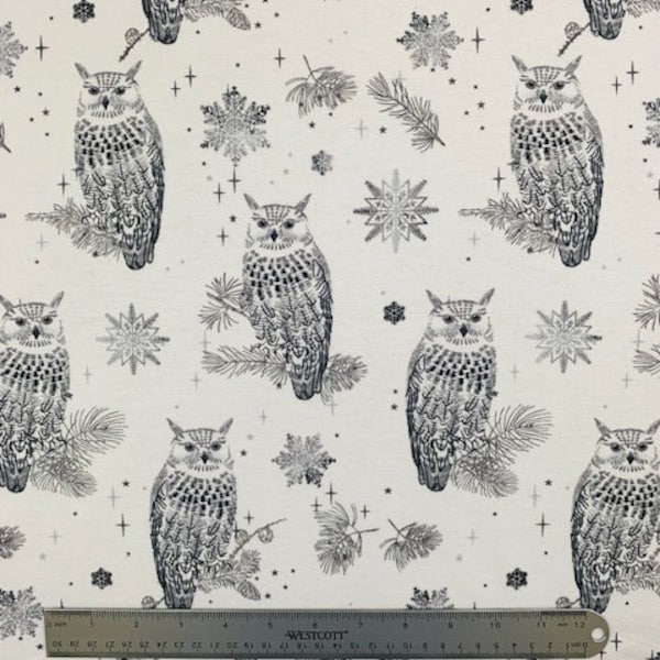 Owls on White Christmas, FLANNEL fabric by the yard