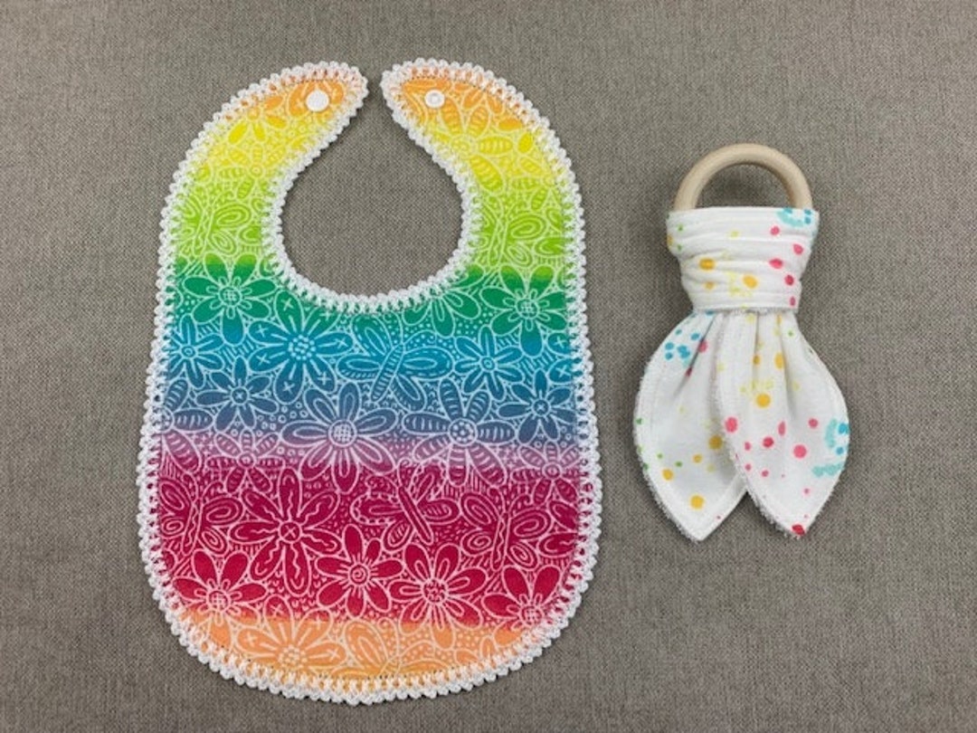 Rainbow Stripe Hemstitched Pre-washed Flannel Bib With Snap and Teether ...