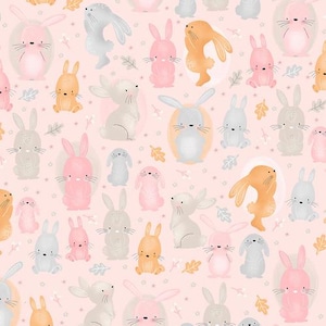 May include: A pink background with a repeating pattern of pastel colored bunnies with different poses. The bunnies are all wearing different colors and have different facial expressions.