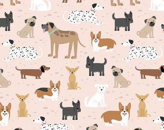 Graphic Dogs on Tan, FLANNEL fabric by the yard