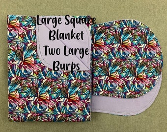 Colorful stained glass hemstitched pre-washed flannel baby blanket, receiving blanket & 2 burp cloths, baby girl, ready to crochet