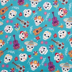 Day of the Dead Skeleton Faces, FLANNEL fabric by the yard