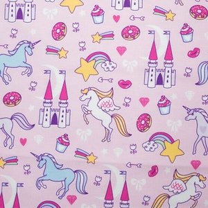Unicorn Castle on Pink, FLANNEL fabric by the yard