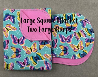 Ombre butterflies on pink hemstitched pre-washed flannel baby blanket, receiving blanket & 2 burp cloths, baby girl, ready to crochet