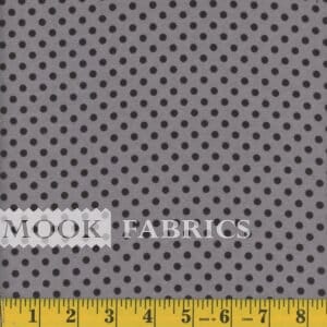 May include: Gray fabric with a black polka dot pattern. The fabric is smooth and has a subtle sheen.