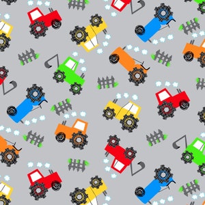 May include: A seamless pattern featuring colorful cartoon tractors on a gray background. The tractors are red, orange, yellow, green, and blue. Each tractor has a black outline and black wheels. The background also includes small white clouds, green grass, and gray fences.