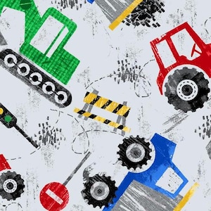 May include: A repeating pattern featuring construction vehicles and road signs in red, green, blue, and yellow on a light gray background. The design includes tractors, excavators, and road barriers.