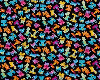 Rainbow Dogs on Black, FLANNEL fabric by the yard
