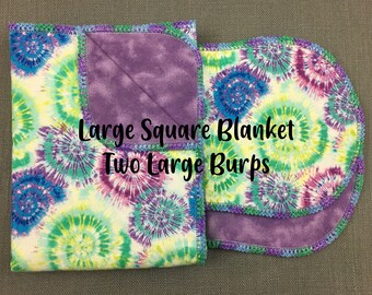 Blue and green tie dye hemstitched pre-washed flannel baby blanket, receiving baby blanket & 2 burp cloths, baby gift set, crocheted for you