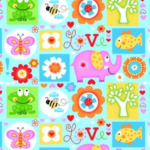 May include: A colorful, whimsical pattern featuring a frog, butterfly, elephant, fish, bee, flowers, and the word "LOVE" on a light blue background.