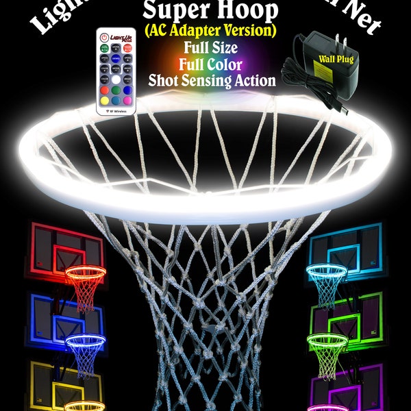 Light Up Action Super Hoop Neon Basketball Goal Lighting System with Rebound Sensing and Score Sensing Reactive Lights (AC Adapter version)