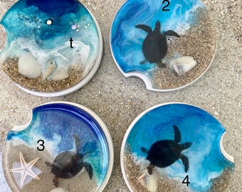 Wave Turtle Pattern Car Coasters Cute Car Decor Ceramic Coaster Inserts Fun Turtle Lover Spring Summer Beach Gift