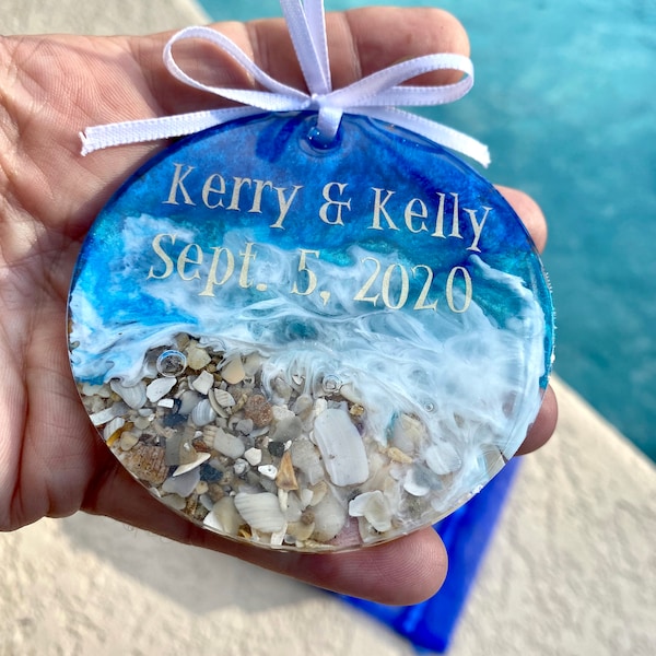 Beach Sand Ornament personalized , Florida Souvenir, Coastal ornament, Resin Art,  Beach Lover, Wedding Gift, Anniversary Gift