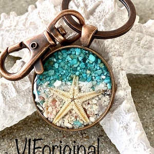 Beach Sand Keychain and Starfish with Turquoise and Beach Sand pocket backpack Souvenirs, wedding favors, Bridal party gifts