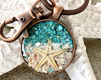 Beach Sand Keychain and Starfish with Turquoise and Beach Sand pocket backpack Souvenirs, wedding favors, Bridal party gifts