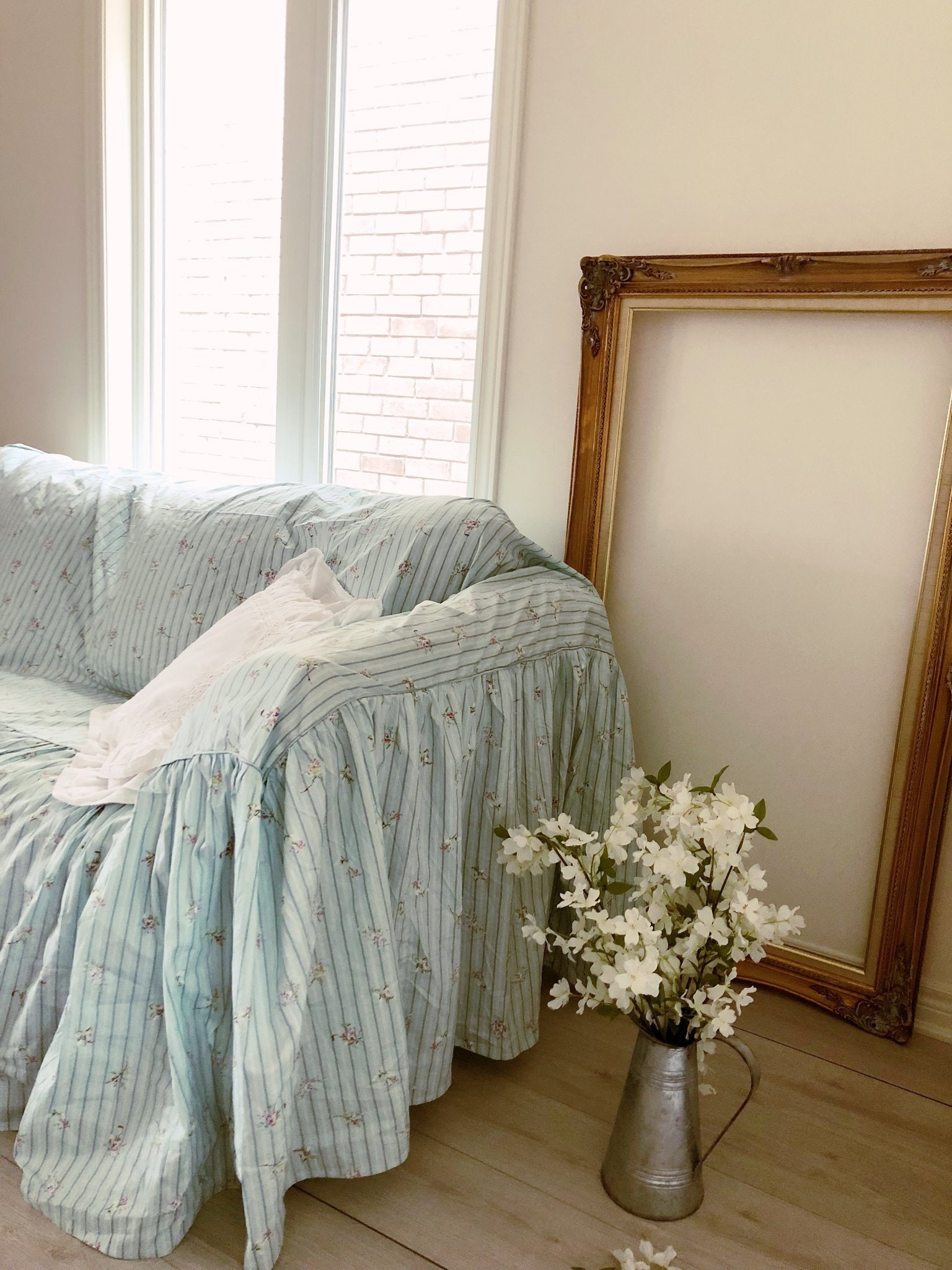 French Stripe Slipcover Blue Sofa Scarf Chic Ruffled Couch Etsy