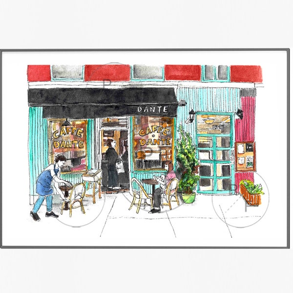 Caffe Dante, Greenwich Village, NYC - Soho NYC bar art, West Village, new york city illustrations, new york wall art