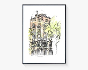 Casa Batllo Original Painting Barcelona Spain. Gaudi architecture painting,spanish cathedral wall art,spain painting,barcelona painting