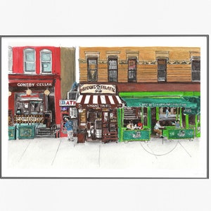Greenwich Village-MacDougal Street NYC, Comedy Cellar, Mamoun's, Caffe Reggio, Olive Tree Cafe. NYC gift, New York prints, New York City art