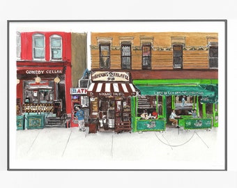 Greenwich Village-MacDougal Street NYC, Comedy Cellar, Mamoun's, Caffe Reggio, Olive Tree Cafe. NYC gift, New York prints, New York City art