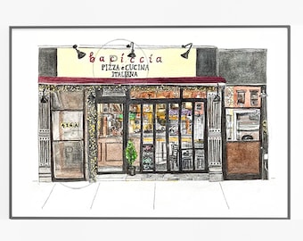 Brooklyn pizza print- Baciccia Pizza E Cucina, NYC Restaurant. nyc Illustration, Nyc Pizzeria, New York Facade, NYC wall art, home decor