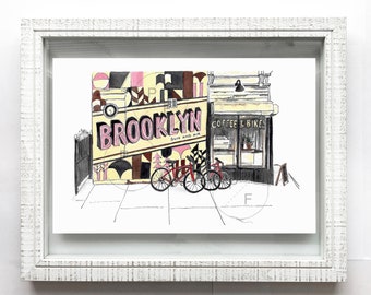 Original Brooklyn painting-Sun & Air Bike Shop, Williamsburg, Brooklyn, Williamsburg Coffee Shop, NYC print, Brooklyn art, new york gift