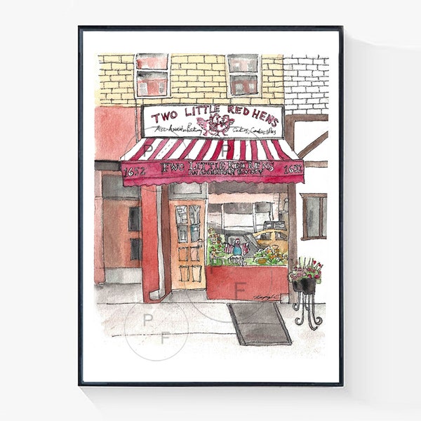 Two Little Red Hens NYC print, Upper East Side cupcake shop, NYC bakery wall art, home decor, NYC cafe, new york city gift