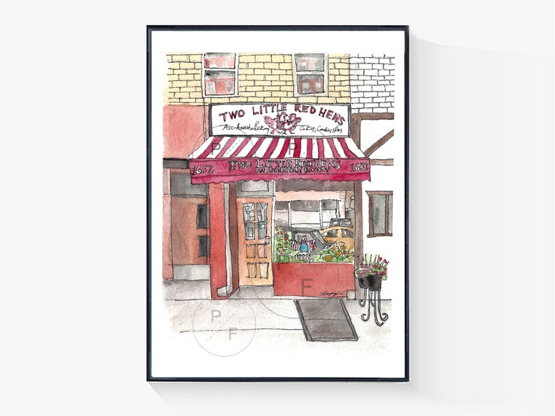 Two Little Red Hens NYC print, Upper East Side cupcake shop, NYC bakery wall art, home decor, NYC cafe, new york city gift image 1