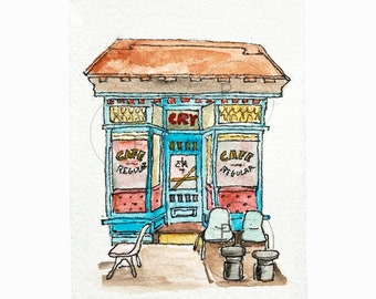 Brooklyn New York Cafe Regular du Nord - Original gouache painting, NYC Facades wall art, Park Slope wall art, New York Storefront