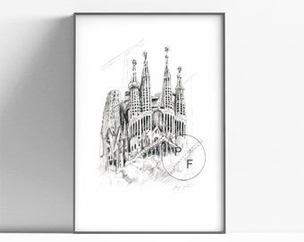 Sagrada Familia, Barcelona Spain Pencil sketch, Gaudi art, european cathedral wall art, nyc gift, home decor