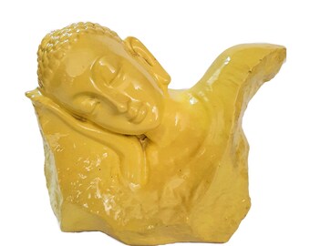 Resting Buddha Bust, home and Garden Art, Yellow buddha statue, Asian Art.