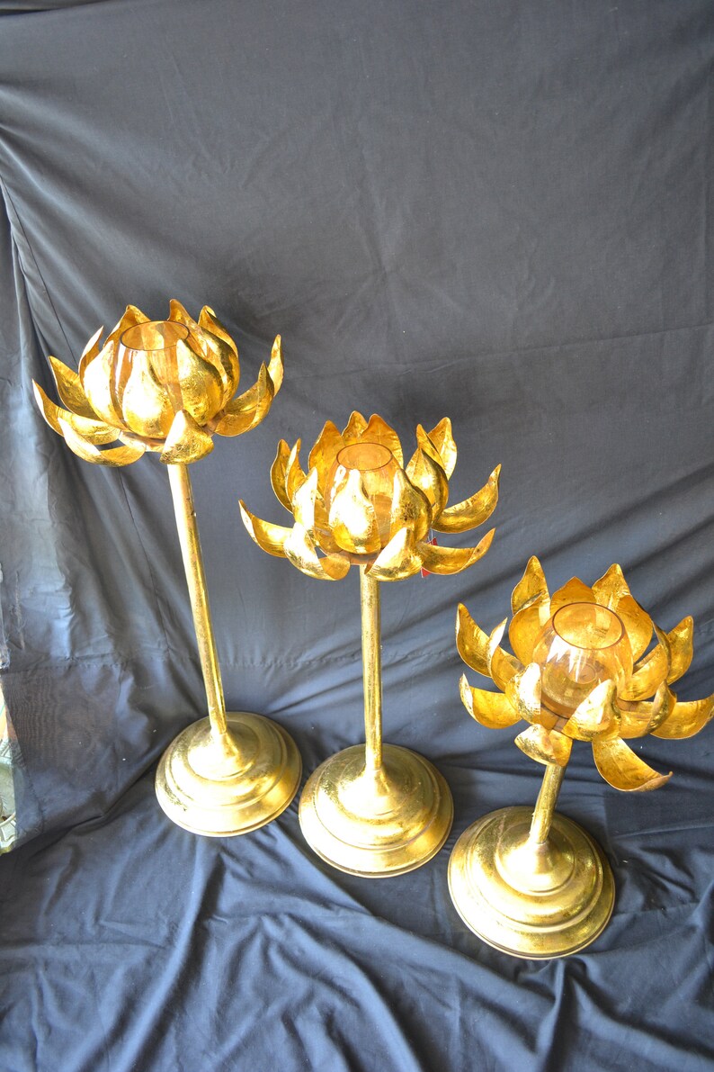 Buy Gold Sun Flower Candle Holder Set of 3 Pieces, Lotus Flower Candle