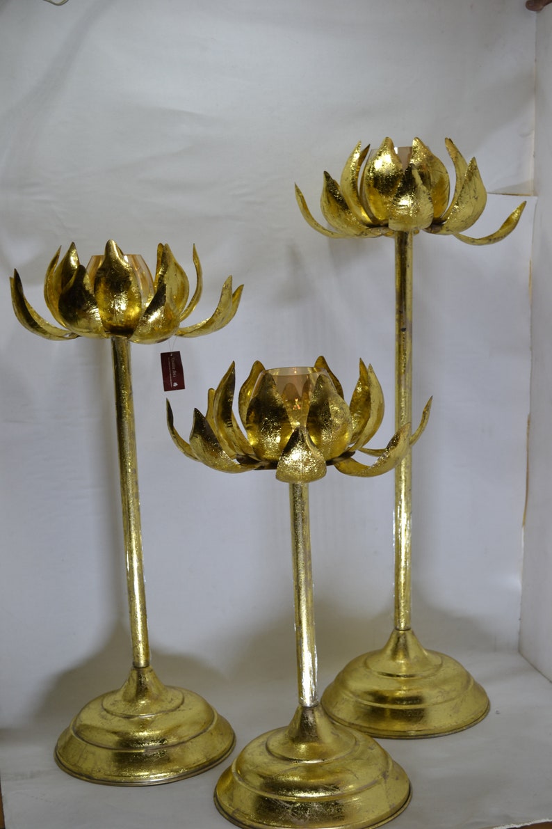 Buy Gold Sun Flower Candle Holder Set of 3 Pieces, Lotus Flower Candle