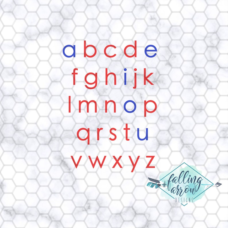 May include: Red and blue alphabet letters on a white marble background with a hexagonal pattern. The letters are in a red font with blue outlines. The text "Falling Arrow Designs" is in the bottom right corner.