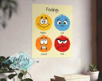 Intro to Feelings Emotions Poster, Children's Face Emotion Board, Toddler Kids Nursery Bedroom Wall Hanging Decor Art Neutral Colors