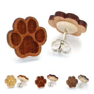 Paw Dog / Cat - MIRIQUIDI Wooden Earrings (Pair) - Various Types of Wood - 925 Silver (Rhodium-plated) - Maple / Cherry / Walnut