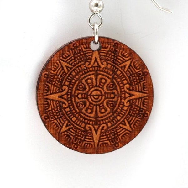 Earrings " Aztec Sun Disc " - MIRIQUIDI // Wooden Jewelry Earrings Pair - Different Types of Wood - 925 Silver (Rhodium-plated) Earrings