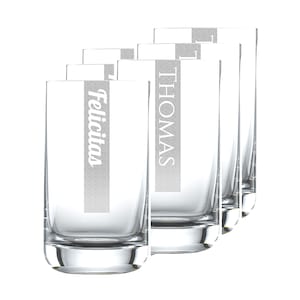May include: Set of six clear glass tumblers with personalised names, "Felicitas" and "Thomas", etched on the front.