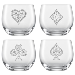 Poker Whisky Glasses Set of 4 | 4x 400ml drinking glasses with heart check pik cross