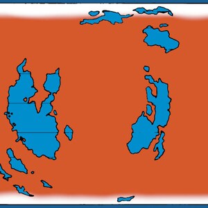 Puede incluir: Un mapa estilizado de un planeta con una superficie mayoritariamente naranja y algunos cuerpos de agua azules. El planeta est&aacute; rodeado por un anillo blanco y una cuadr&iacute;cula azul.