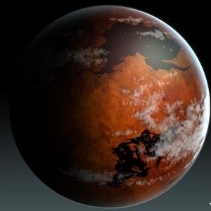 Puede incluir: Una ilustraci&oacute;n digital de un planeta rojo con nubes blancas en la atm&oacute;sfera. El planeta est&aacute; rodeado de un fondo negro.