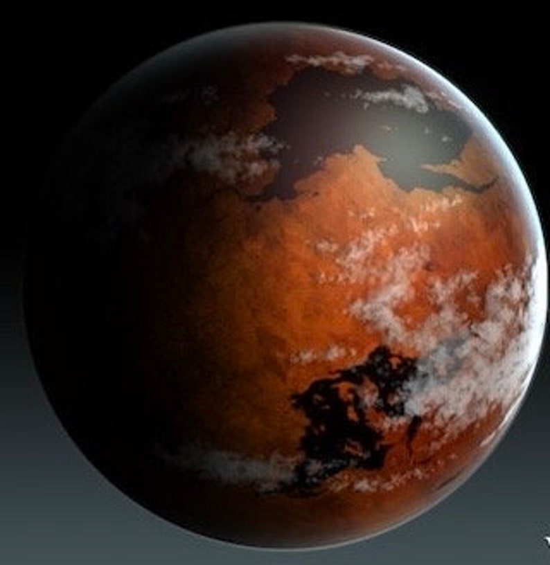 Puede incluir: Una ilustraci&oacute;n digital de un planeta rojo con nubes blancas en la atm&oacute;sfera. El planeta est&aacute; rodeado de un fondo negro.