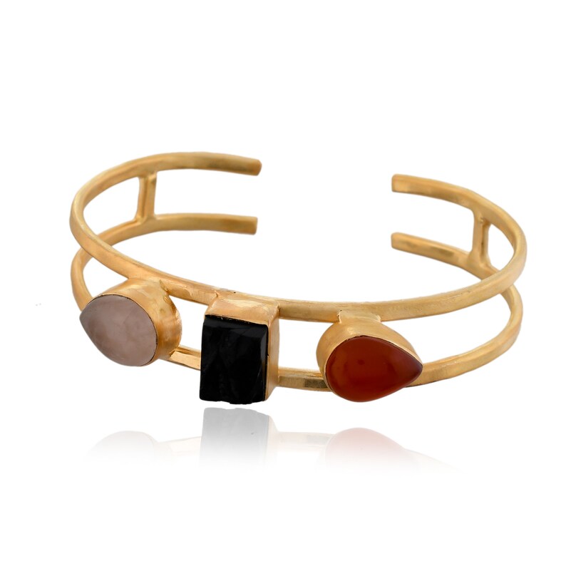 Bezel Set Cuff Three Stone Cuff Designer Bracelet Red Onyx Bracelet Rose Quartz Bracelet Matte Gold Plated Cuff Black Tourmaline Cuff