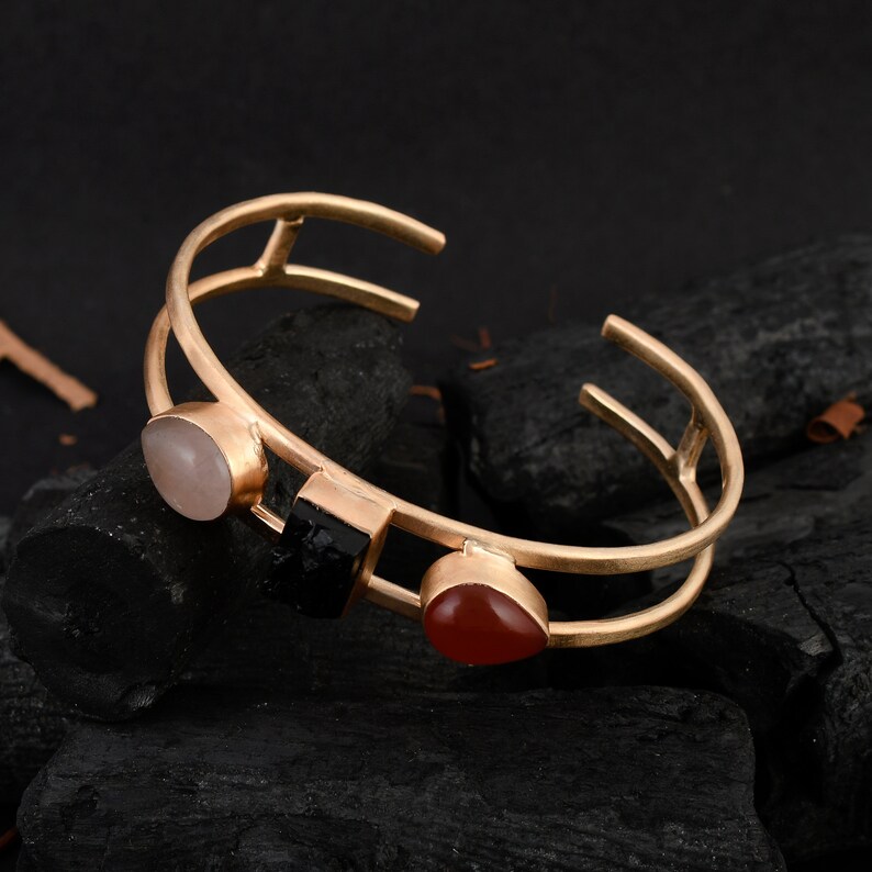 Bezel Set Cuff Three Stone Cuff Designer Bracelet Red Onyx Bracelet Rose Quartz Bracelet Matte Gold Plated Cuff Black Tourmaline Cuff