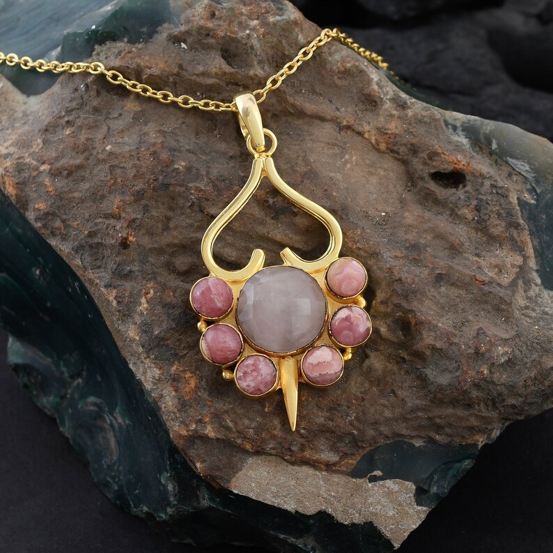 Rhodochrosite Pendant Artisan Made Pendant Gold Plated Pendant Gorgeous Pendant Designer Pendant Rose Quartz Pendant Matching Jewelry