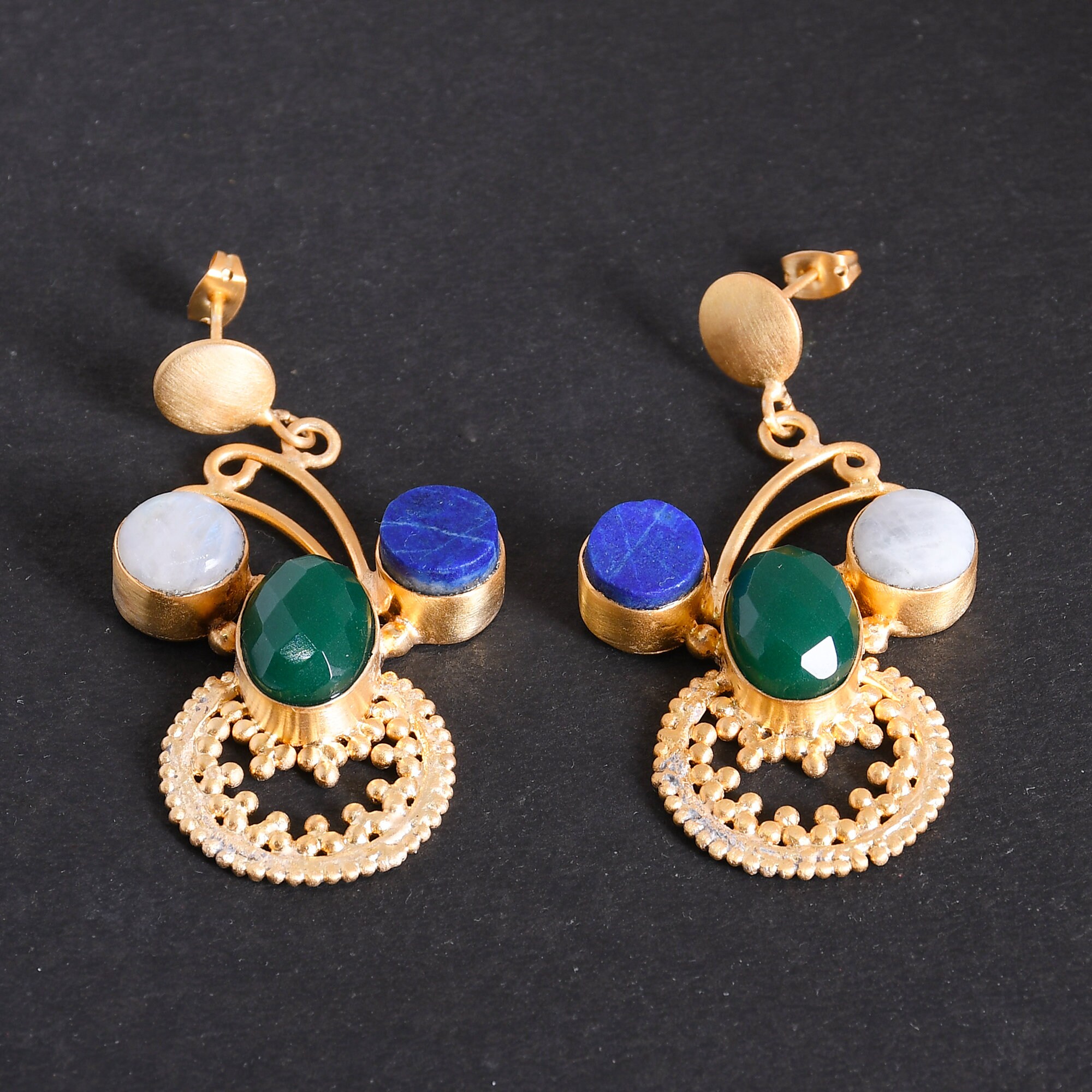 Lapis mosaic stone earrings with beadwoven wings OOAK artisan earrings